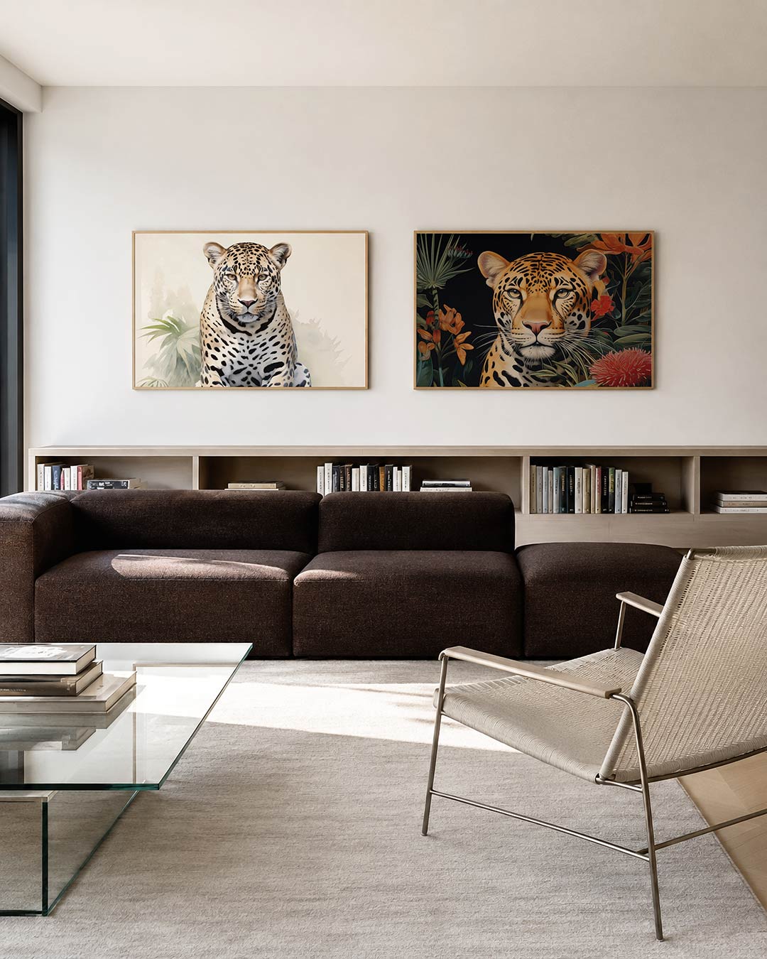 Interieurbeeld met twee liggende posters: donkere tinten en een rustige visuele opbouw