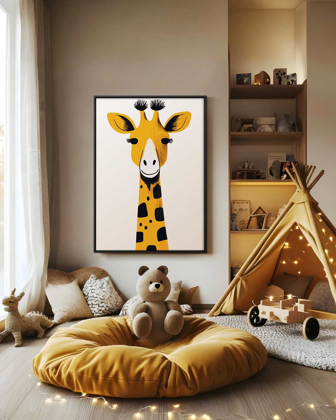 Vrolijke Giraffe Illustratie Kunstwerk-canvas-dibond-plexiglas-wanddecoratie-WallArtistic