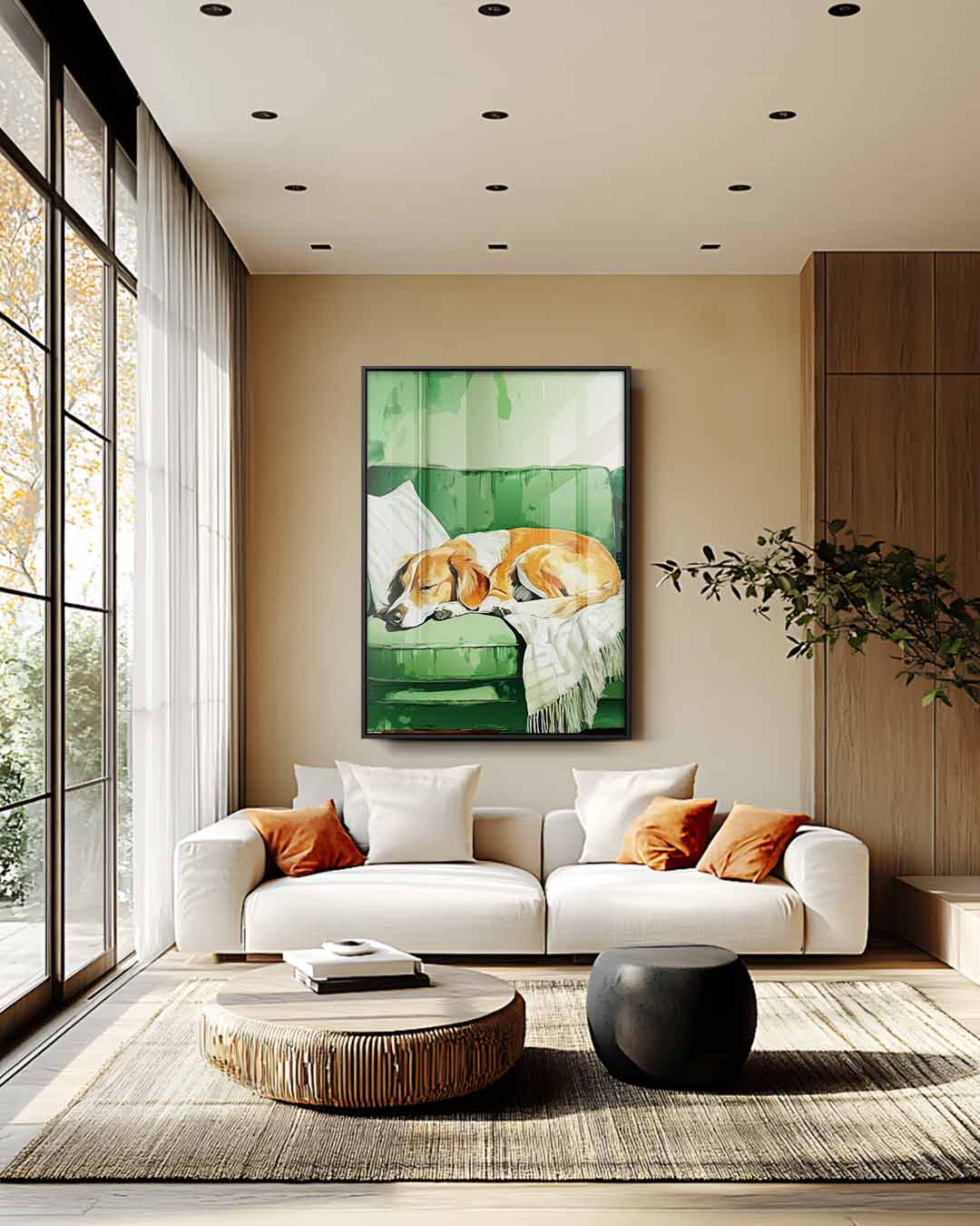 Slapende Hond op Groene Bank Kunstwerk-canvas-dibond-plexiglas-wanddecoratie-WallArtistic