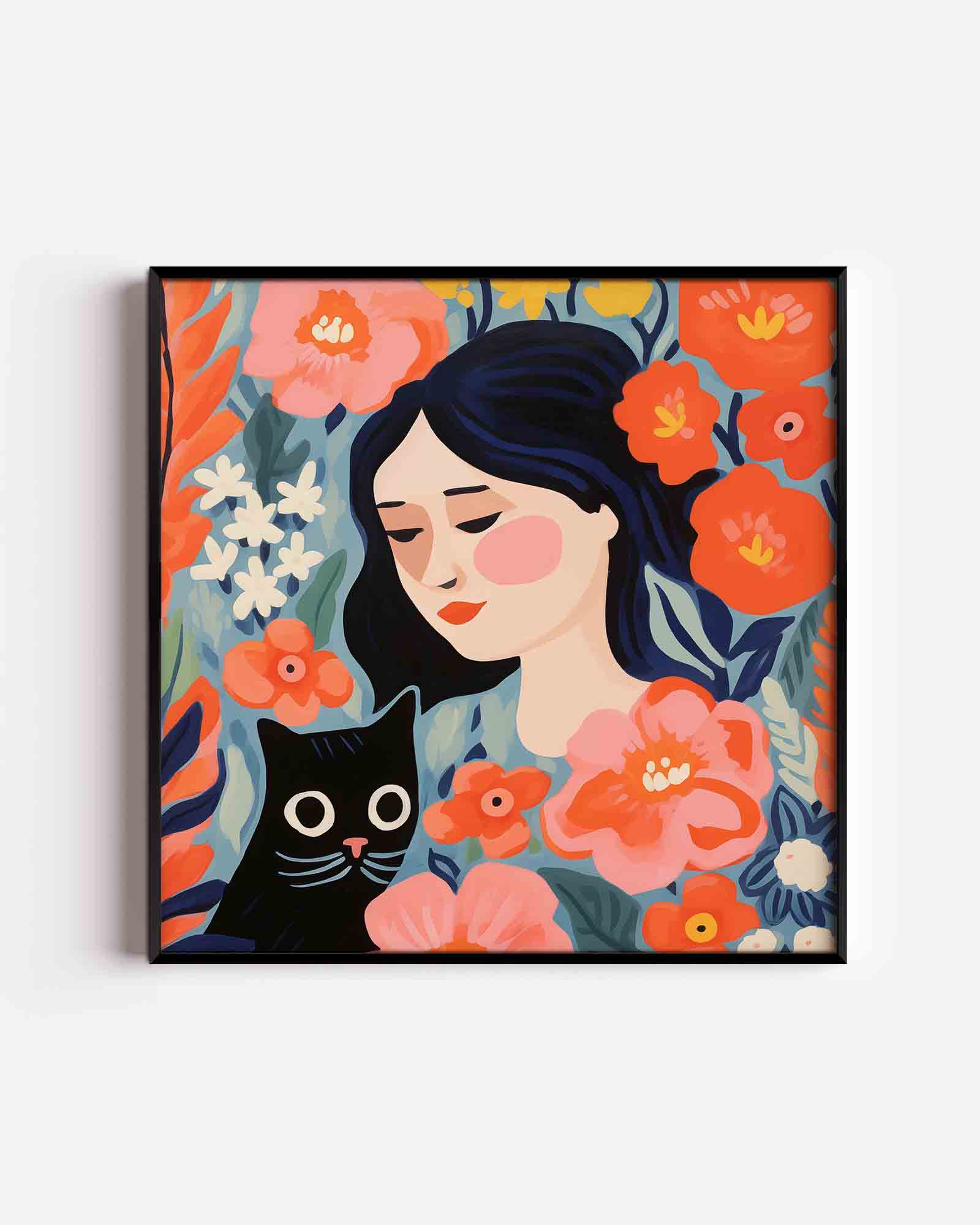 Vrouw en kat met bloemen Poster