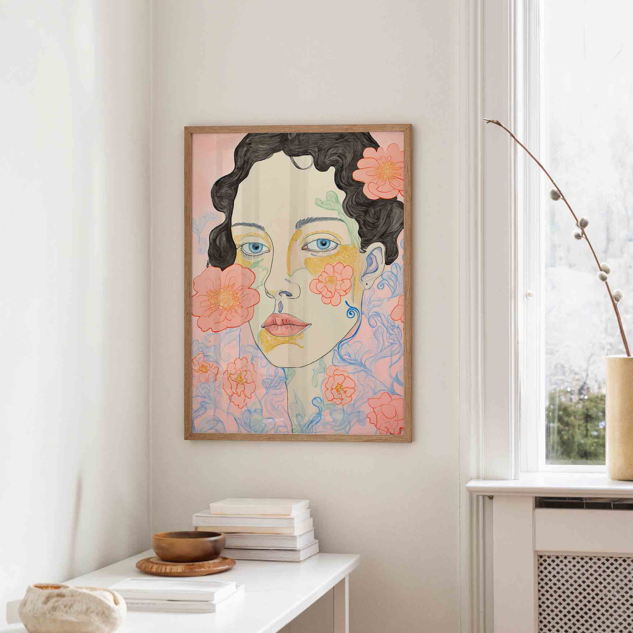 Vrouwelijk gezicht met bloemen Poster