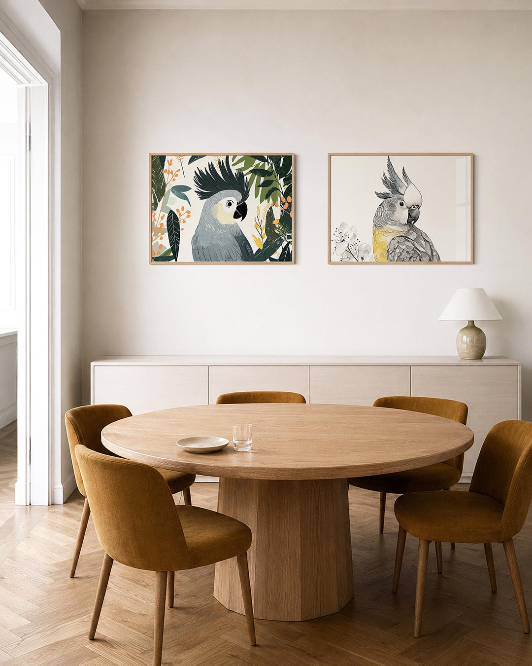 Twee liggende posters met een speelse vogel met een opvallende kuif, aan de muur in een interieur