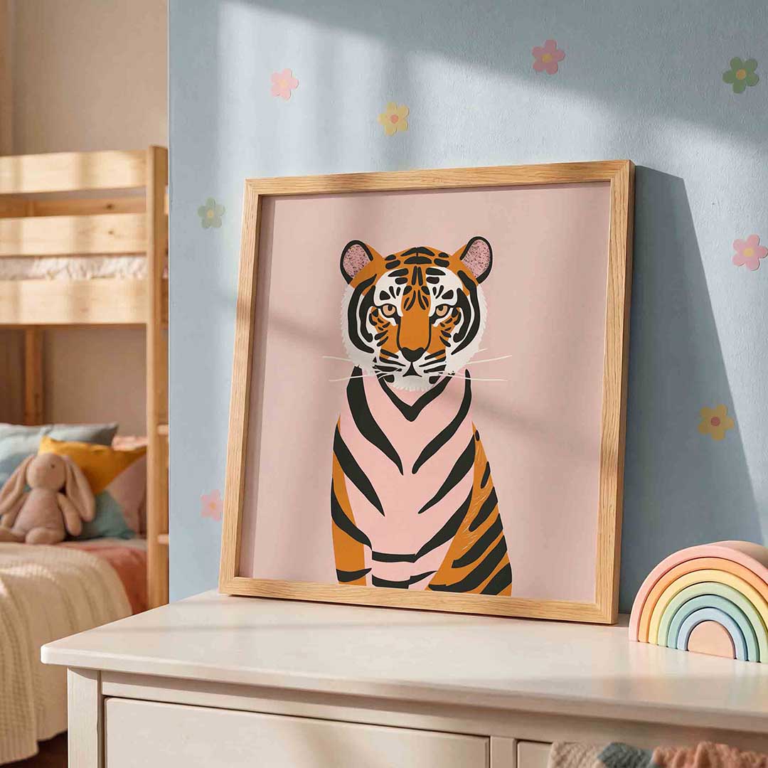 Tijger op roze achtergrond Poster