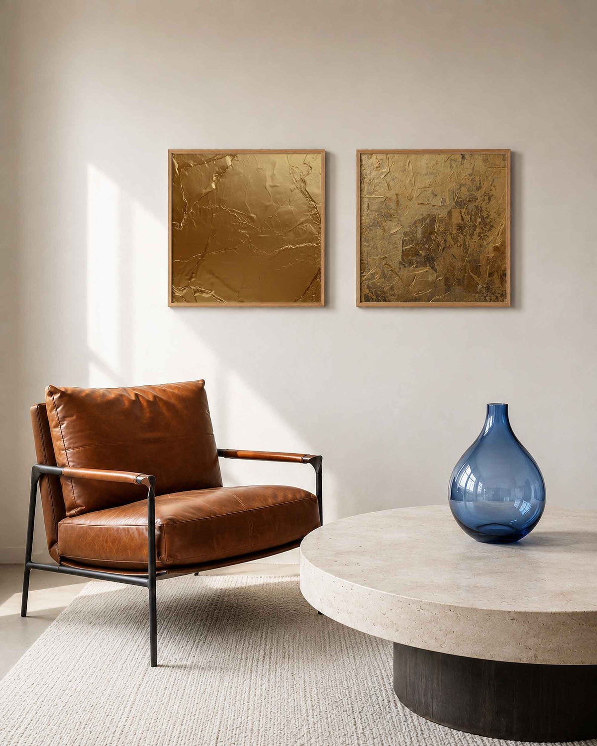 Interieurpresentatie van een tweedelige vierkante posterset met gouden textuur