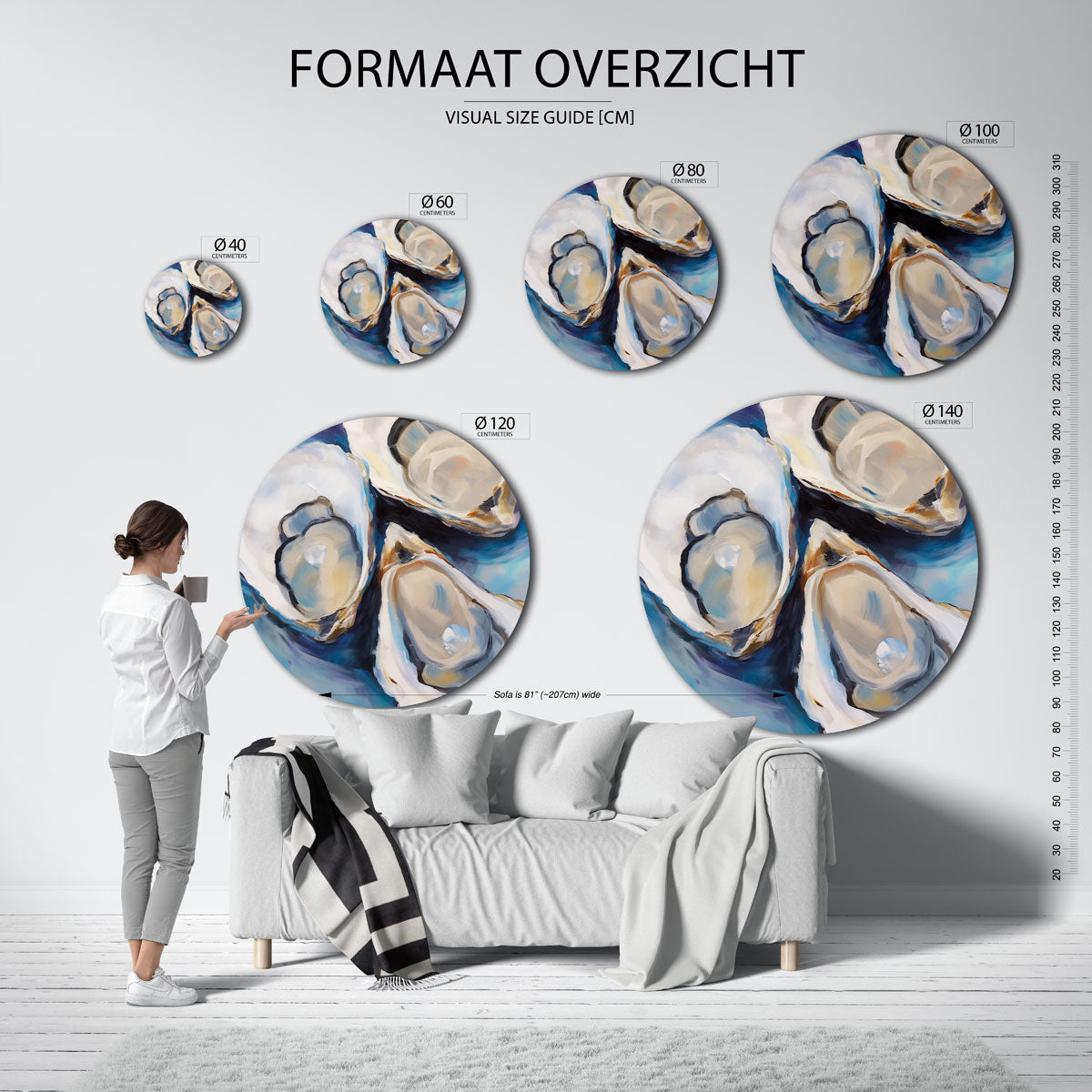 Oesters op blauwe achtergrond Muurcirkel