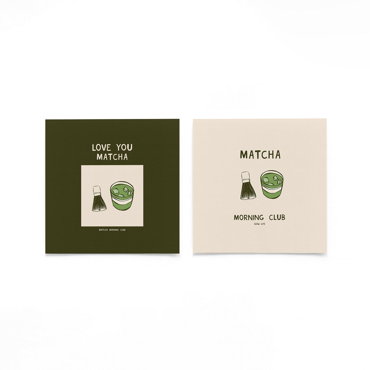 Twee vierkante posters met matcha morning op een gebroken witte achtergrond