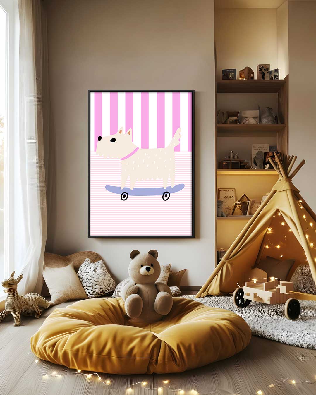 Skater Hondje op Roze Strepen Kunstwerk-canvas-dibond-plexiglas-wanddecoratie-WallArtistic