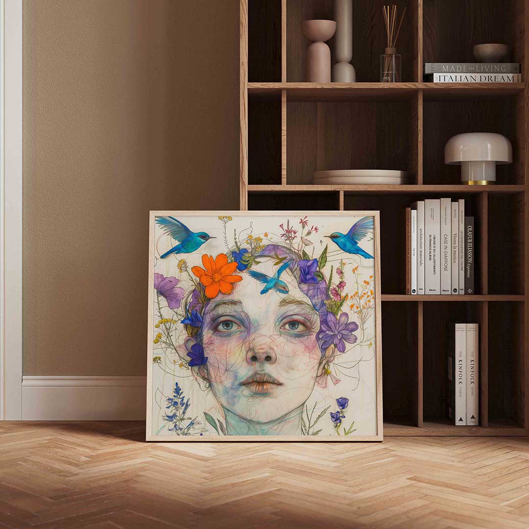 Vrouw met bloemen en vogels Poster
