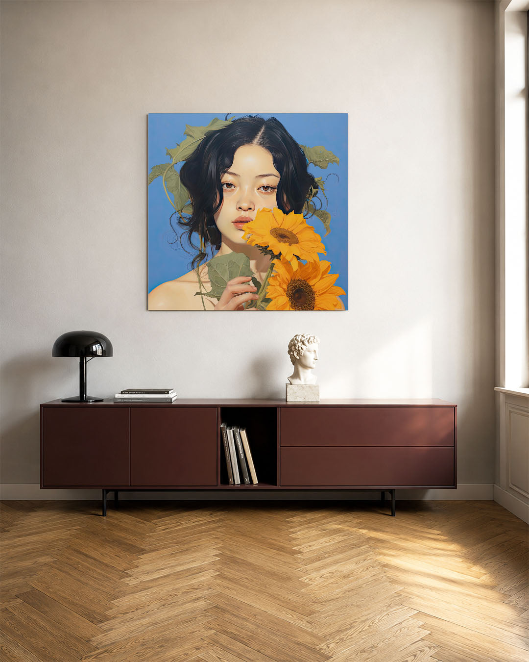 Vrouw met zonnebloemen Kunstwerk