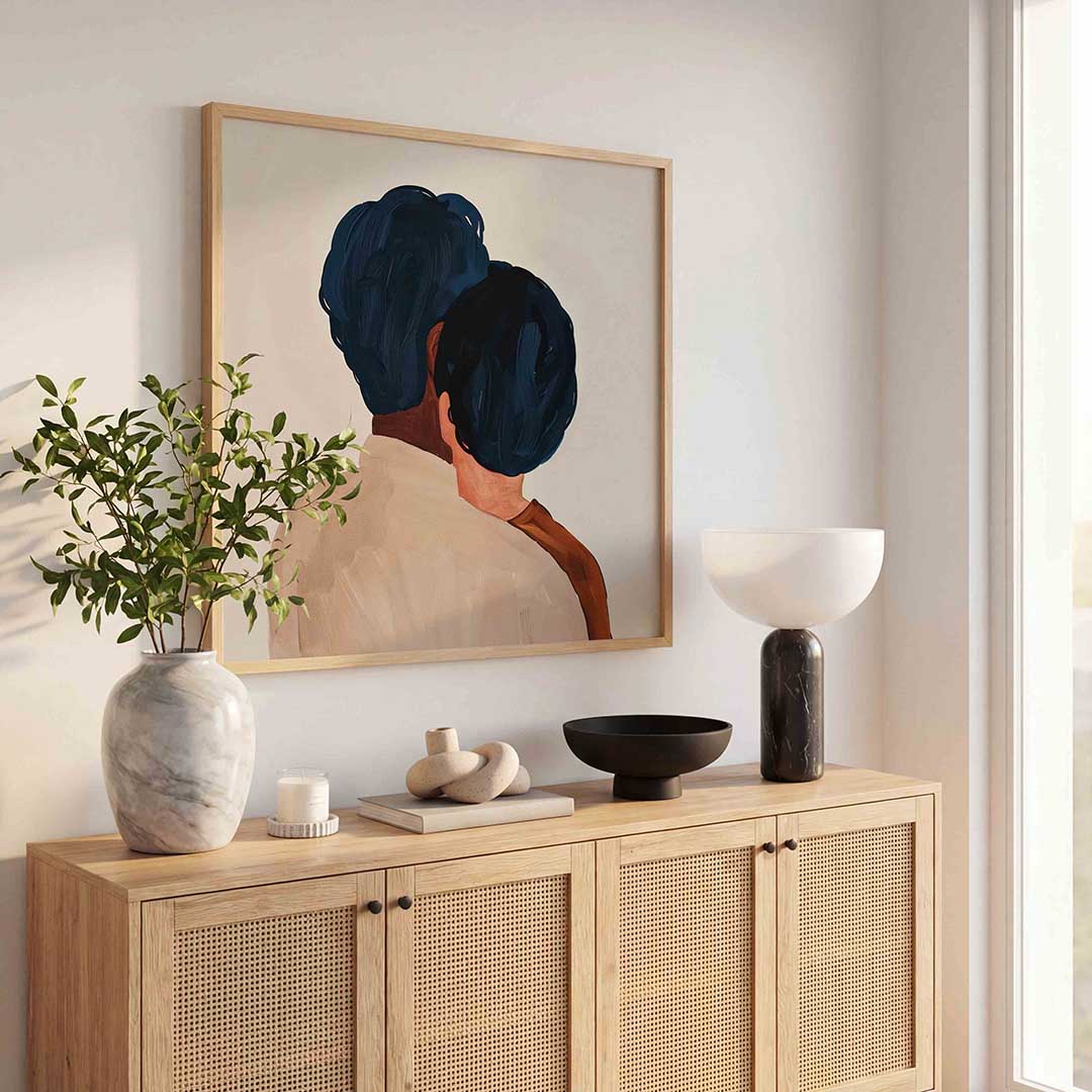 Twee figuren met blauwe kapsels Poster